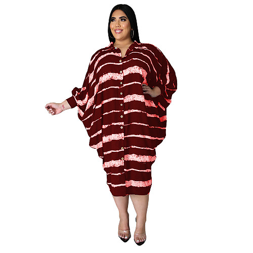 Plus Size Print Long Sleeve Loose Button Shirt Dress HANI-006