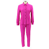 Solid Long Sleeves Button Shirt Skinny Pants Set HANI-051