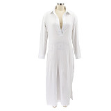 Long Sleeve Lapel Neck Solid Split Hem Shirt Dress HANI-052
