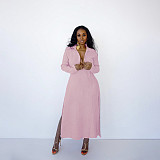 Long Sleeve Lapel Neck Solid Split Hem Shirt Dress HANI-052