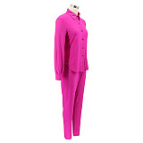 Solid Long Sleeves Button Shirt Skinny Pants Set HANI-051