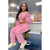 Solid Long Sleeve Hoodies Crop Top Sweatpants Set DY-6677