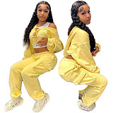 Solid Long Sleeve Hoodies Crop Top Sweatpants Set DY-6677