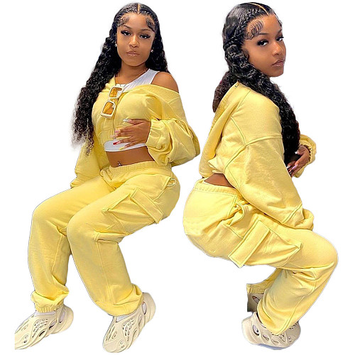 Solid Long Sleeve Hoodies Crop Top Sweatpants Set DY-6677