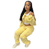 Solid Long Sleeve Hoodies Crop Top Sweatpants Set DY-6677