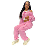 Solid Long Sleeve Hoodies Crop Top Sweatpants Set DY-6677