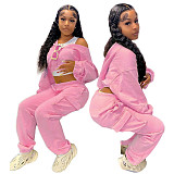 Solid Long Sleeve Hoodies Crop Top Sweatpants Set DY-6677