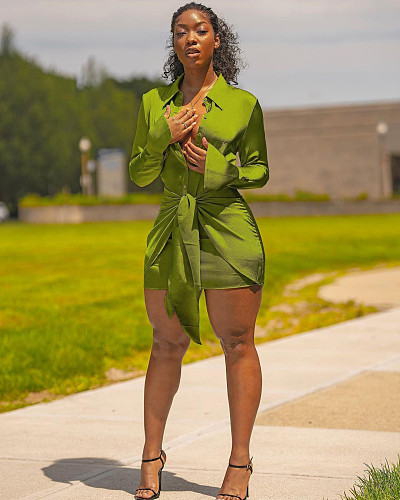 Long Sleeve Bandage Shirt Skinny Button Mini Dress MUX-6055