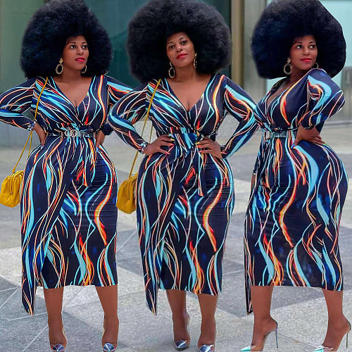 Wave Stripe Print Long Sleeve V-Neck Dress PINH-13242