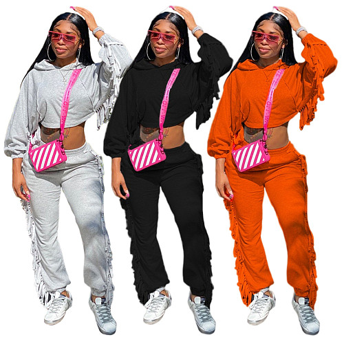 Solid Long Sleeve Tassel Hooded Crop Top Pants Set HANI-057