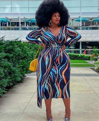 Wave Stripe Print Long Sleeve V-Neck Dress PINH-13242