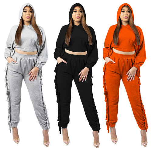 Solid Long Sleeve Tassel Hooded Crop Top Pants Set HANI-057