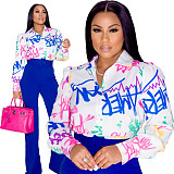 Graffiti Print Button Up Long Sleeve Shirt ZAND-31161
