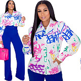 Graffiti Print Button Up Long Sleeve Shirt ZAND-31161