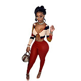 Long Sleeve Lace Up Crop Top Pencil Pants Set BN-9296