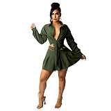 Long Sleeve Bandage Shirt Crop Top Mini Skirts Set CM-2153