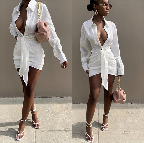Solid Long Sleeve Irregular Pleated Lace-Up Shirt Dres LSL-6467