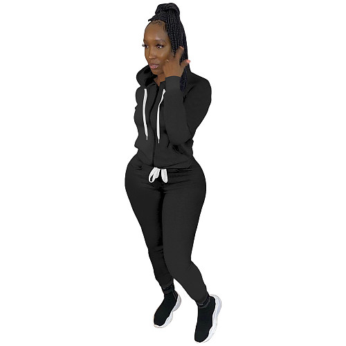 Solid Hooded Zipper Sweatshirt Jogger Pants Set YIM-216