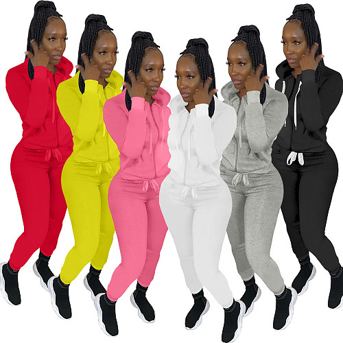 Solid Hooded Zipper Sweatshirt Jogger Pants Set YIM-216