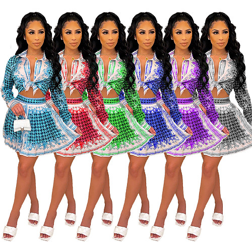 Print Turn Down Collar Shirt Pleated Skirt Set WSM-5276