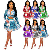 Print Turn Down Collar Shirt Pleated Skirt Set WSM-5276