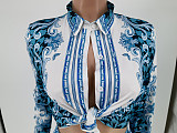 Print Turn Down Collar Shirt Pleated Skirt Set WSM-5276