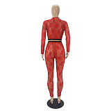 Lace V-neck Long Sleeve Crop Top Pants Set SHD-9493