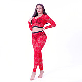 Lace V-neck Long Sleeve Crop Top Pants Set SHD-9493