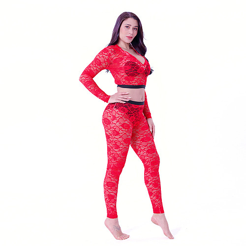 Lace V-neck Long Sleeve Crop Top Pants Set SHD-9493