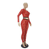 Lace V-neck Long Sleeve Crop Top Pants Set SHD-9493