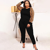 Leopard Print Patchwork Long Sleeve T-shirt Pants Set OSS-21279