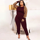 Leopard Print Patchwork Long Sleeve T-shirt Pants Set OSS-21279