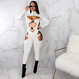 Hollow Out Long Sleeve Buckle Solid Jumpsuit MDF-5258