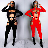 Hollow Out Long Sleeve Buckle Solid Jumpsuit MDF-5258