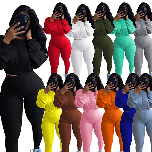 Long Sleeve Threaded Crop Top+Skinny Pants Set JLY-19234
