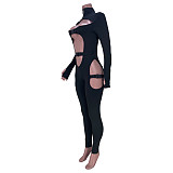Hollow Out Long Sleeve Buckle Solid Jumpsuit MDF-5258