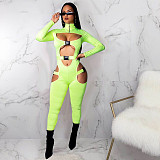 Hollow Out Long Sleeve Buckle Solid Jumpsuit MDF-5258