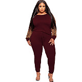 Leopard Print Patchwork Long Sleeve T-shirt Pants Set OSS-21279