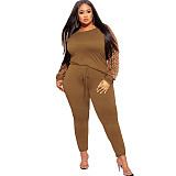 Leopard Print Patchwork Long Sleeve T-shirt Pants Set OSS-21279