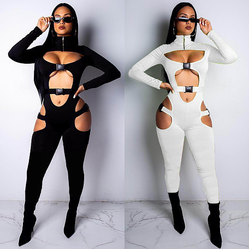 Hollow Out Long Sleeve Buckle Solid Jumpsuit MDF-5258
