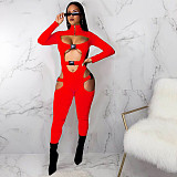 Hollow Out Long Sleeve Buckle Solid Jumpsuit MDF-5258