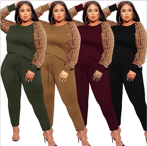 Leopard Print Patchwork Long Sleeve T-shirt Pants Set OSS-21279