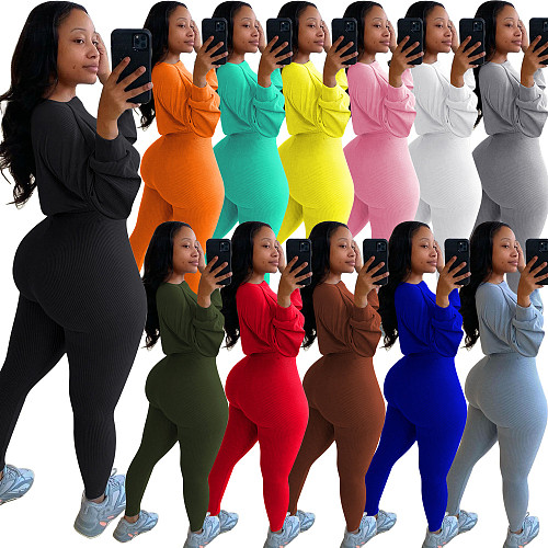 Long Sleeve Threaded Crop Top+Skinny Pants Set JLY-19234