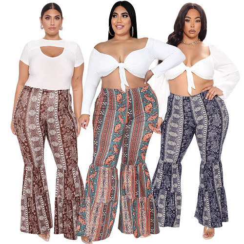 Boho Paisley Printed Plus Size Flare Pants ASL-7052