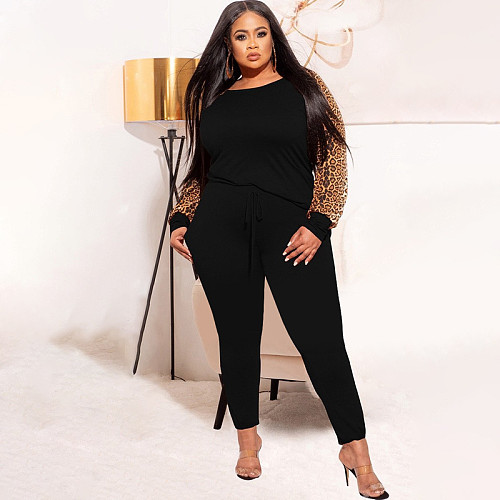 Leopard Print Patchwork Long Sleeve T-shirt Pants Set OSS-21279