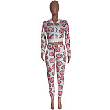 Smiley Face Print Long Sleeve Zip Crop Top Pants Set HMS-5502