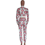Smiley Face Print Long Sleeve Zip Crop Top Pants Set HMS-5502