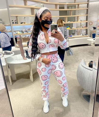 Smiley Face Print Long Sleeve Zip Crop Top Pants Set HMS-5502