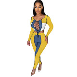 Knit Rib Color Patchwork Crop Tops Pants Set NIK-262