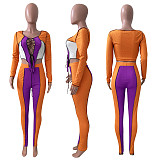 Knit Rib Color Patchwork Crop Tops Pants Set NIK-262